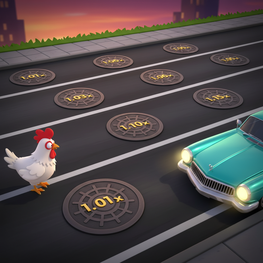 Vista della strada di Chicken Road 2.0 con le corsie, i tombini che mostrano i moltiplicatori progressivi e l'auto in avvicinamento da destra