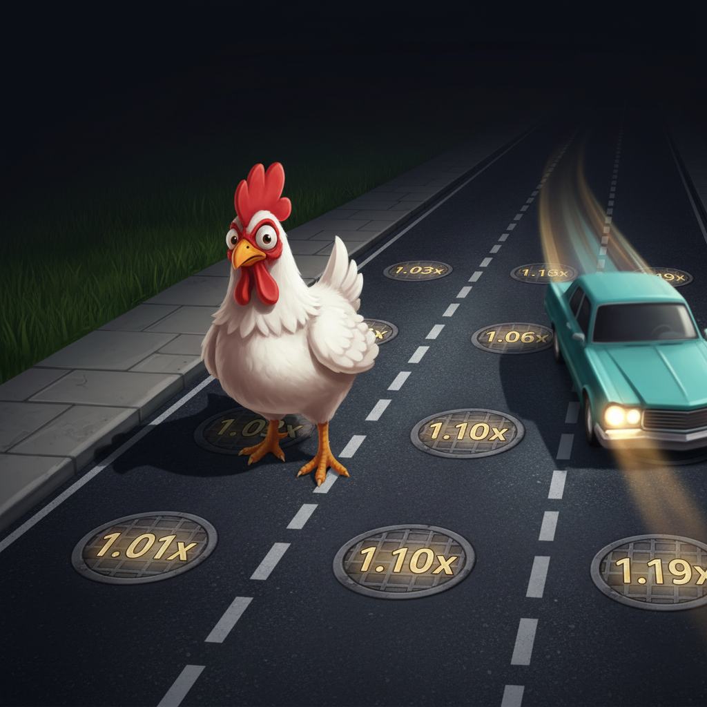 Chicken Road 2.0 schermata principale del gioco crash con il pollo che attraversa la strada a piu corsie e i moltiplicatori progressivi visibili sui tombini