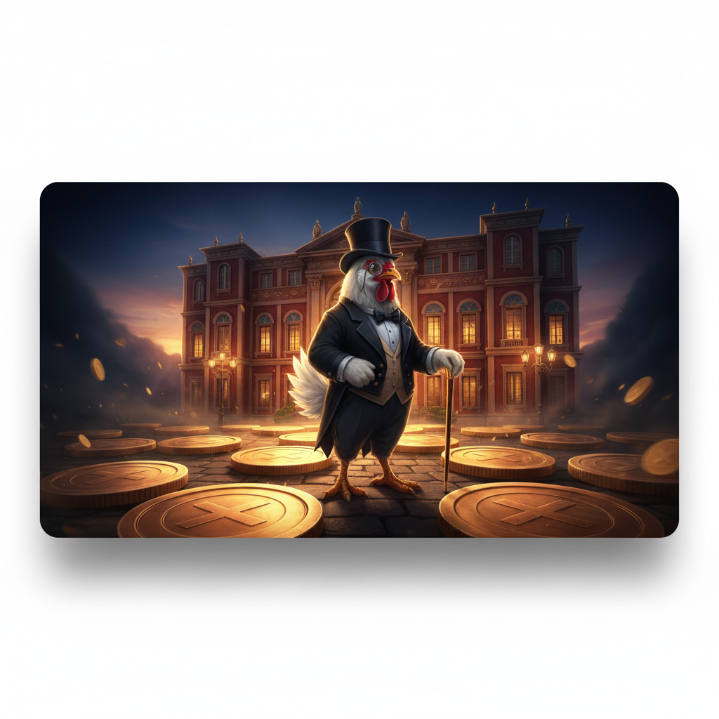 Chicken Road Gold schermata con il pollo in abito formale nero con bastone e monocolo davanti a un palazzo di mattoni rossi con monete bronzo dorate sulla strada