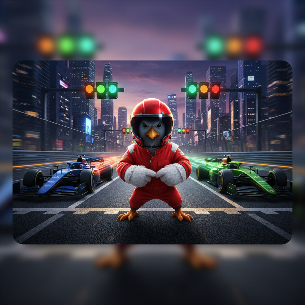 Chicken Road Race schermata con il pollo con casco da pilota rosso su una pista da corsa con auto Formula 1 in blu rosso e verde e semafori per corsia