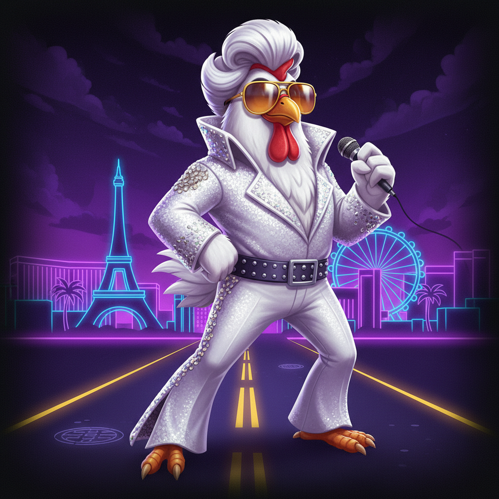 Chicken Road Vegas schermata di gioco con il pollo vestito da Elvis con occhiali dorati su uno sfondo neon viola ispirato a Las Vegas