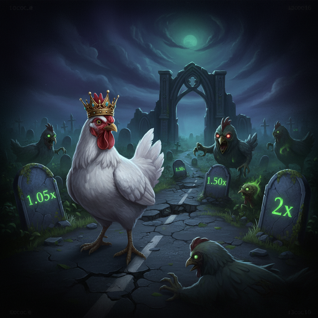 Chicken Zombies schermata con il pollo con corona dorata in un cimitero notturno con zombie verdi e lapidi grigio-blu che mostrano i moltiplicatori